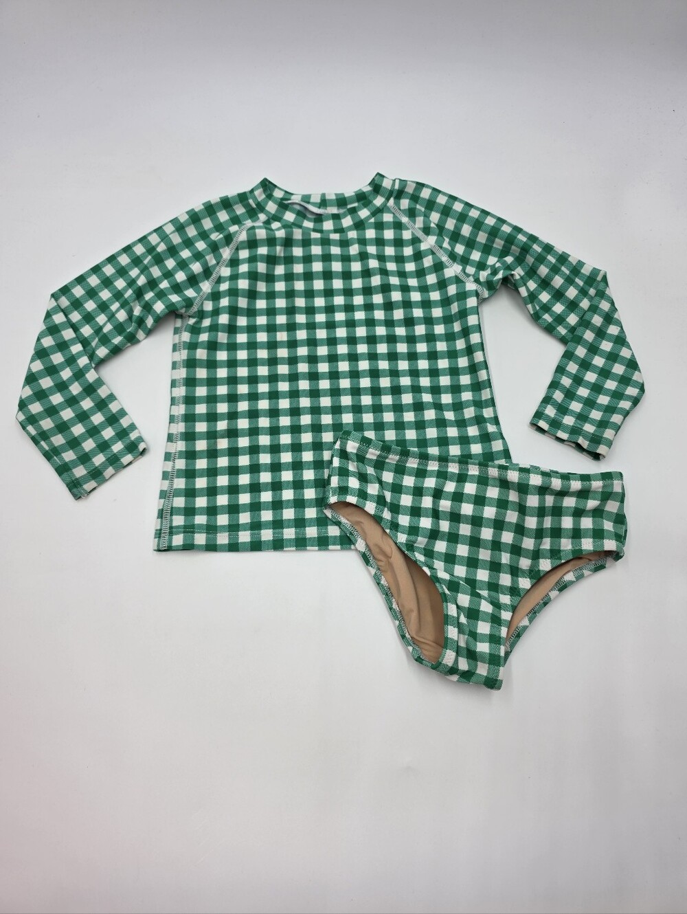 Crewcuts girls' green gingham two-piece rashguard swimsuit size 3.